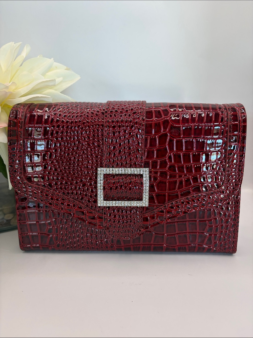 Women's Croc-Embossed Red Clutch with Crystal Buckle